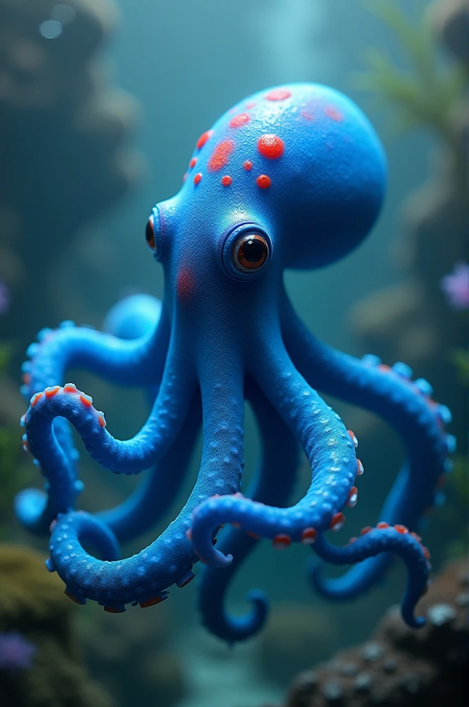 blue octopus, with 3 red spots on the head and no other spots