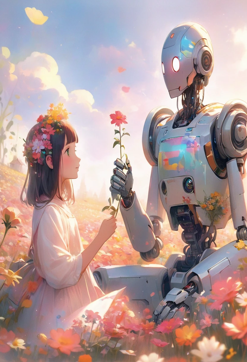 A robot is in a flower field, Kind cyborg girl holding flowers, humanoids overgrown with flowers, Alena Aenami and Android Jones, Beeple and Jeremiah Kettner, Mecha aesthetics, Robot Girl, A mix of anime robots and organic matter,  Meet the robot, Robot Sensation, Woman and robot, Beautiful digital art, Friendly robot, cute humanoid robot