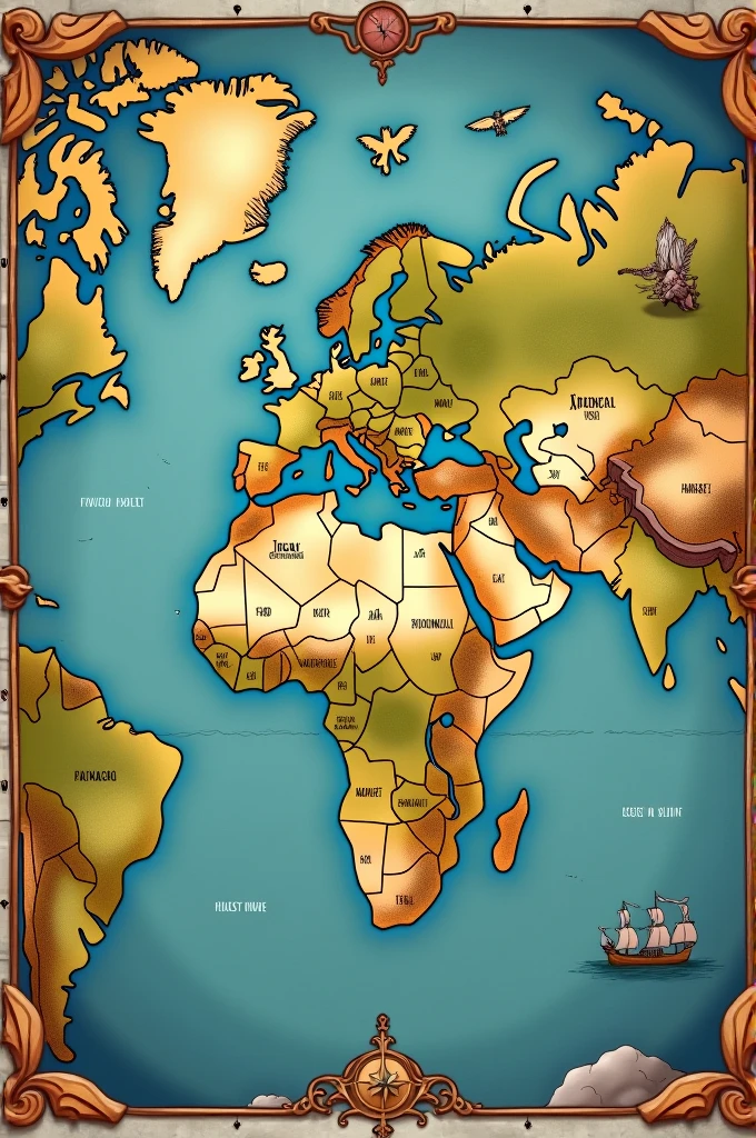 To create a cartoon style map/medieval artistic with specific characteristics, here are the elements you can include:
1. **cartoon style/Medieval Artistic**:
- Use more simplified and stylized lines, with irregular edges to give an artistic design look.
- Add ornamental details like aged paper textures, frayed edges, or decorative illustrations around the map.
- Paint areas with bright, saturated colors, recalling illustrations from ancient manuscripts.
2. **Addition of Two Extra Continents**:
- Integrate two new continents into the map, with distinct shapes and their own geographical characteristics.
- Each continent must be clearly separated and identifiable, following the general artistic style of the map.
3. **wind rose**:
- Place a compass rose in the bottom corner of the map, with a stylized and artistic design.
- The cardinal points (upstate, syd, east, West) can be represented imaginatively, but still recognizable.
4. **Legend and Toponymy**:
- Include a legend with symbols and colors used on the map.
- Mark city names, seas, mountains and other points of interest with stylized letters, suitable for the medieval theme.
5. **Artistic details**:
- Use text fonts that imitate old handwriting.
- Add decorative elements like dragons, ancient ships, or fantastic creatures around the map to reinforce the medieval theme.
6. **General Style**:
- Maintain a cohesive aesthetic that combines medieval fantasy elements with a functional cartographic representation.
- Avoid realistic details in favor of a more imaginative and artistic style.