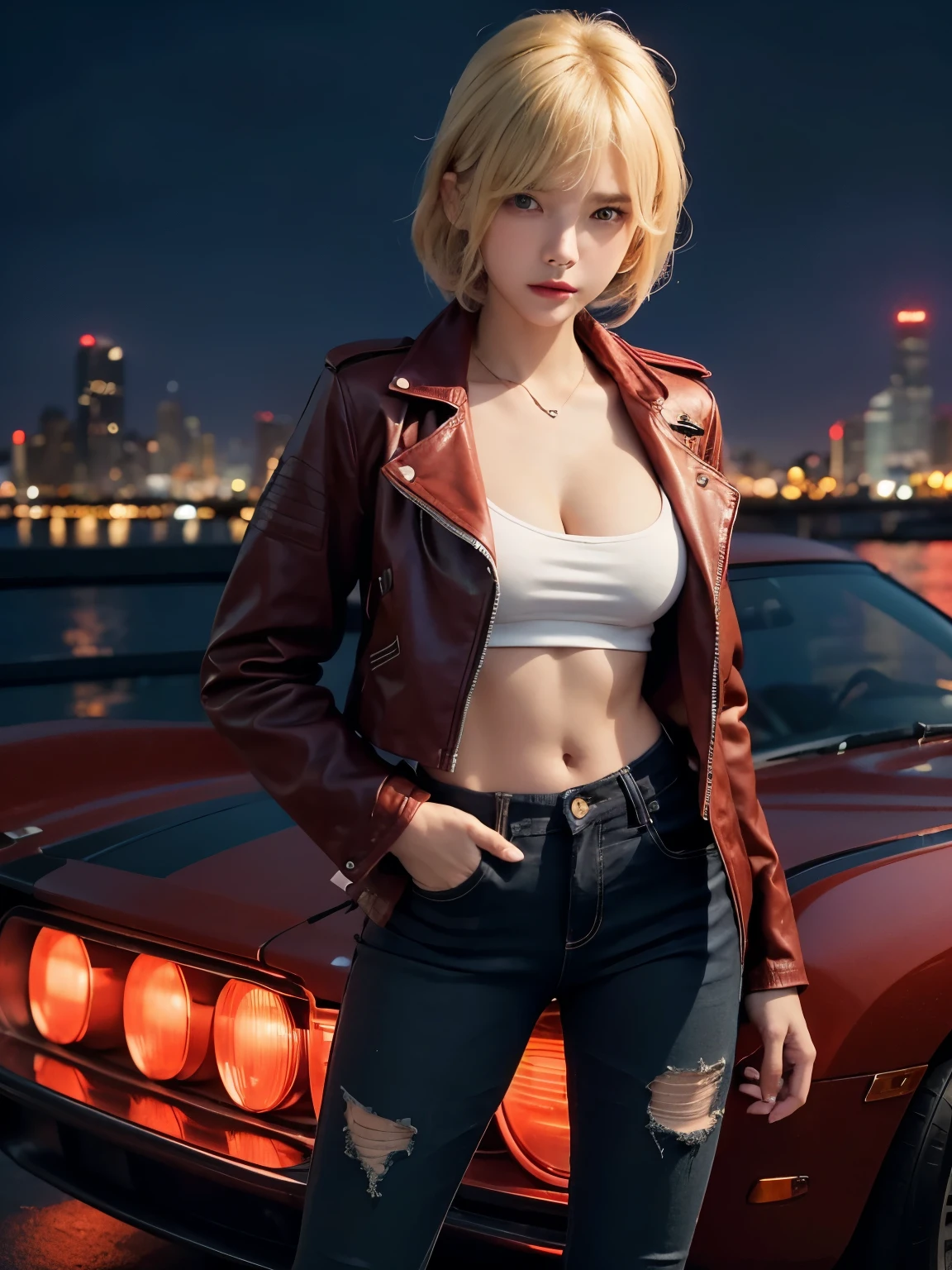 girl with short wavy blonde hair , Blonde with red streaks , 15 years , ripped jeans,  see-through shirt , (leather jacket ) , (slim 몸매 , ) , split, slim, sexy pose , City night view in the 50s , Neon lights reflect on the water, Standing next to a 50&#39;s car ,surrealism