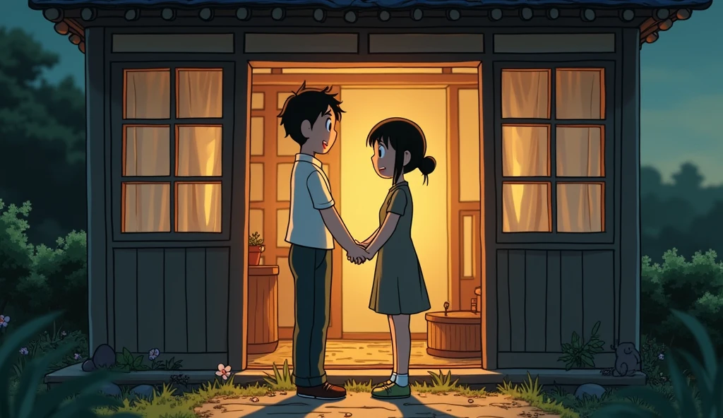 Create an emotionally intense scene in the style of Studio Ghibli of two couples in a Studio Ghibli style house