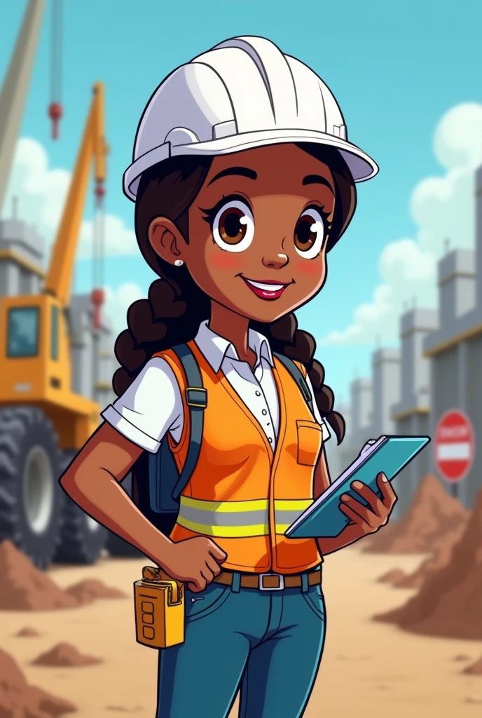 Woman dressed as a health and safety professional at work,dark skin tone,Brown eyes, braided hair, White helmet Performing a safety inspection Cartoon type