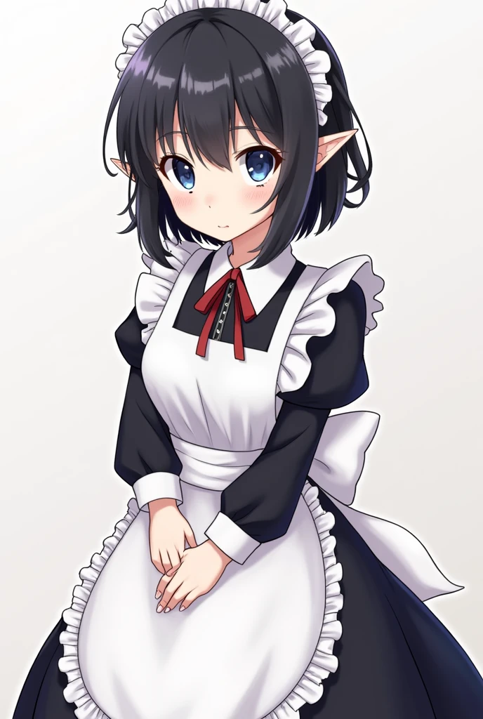 anime, black hime hair, maid outfit, elf ears, blue eyes, , mole under left eye