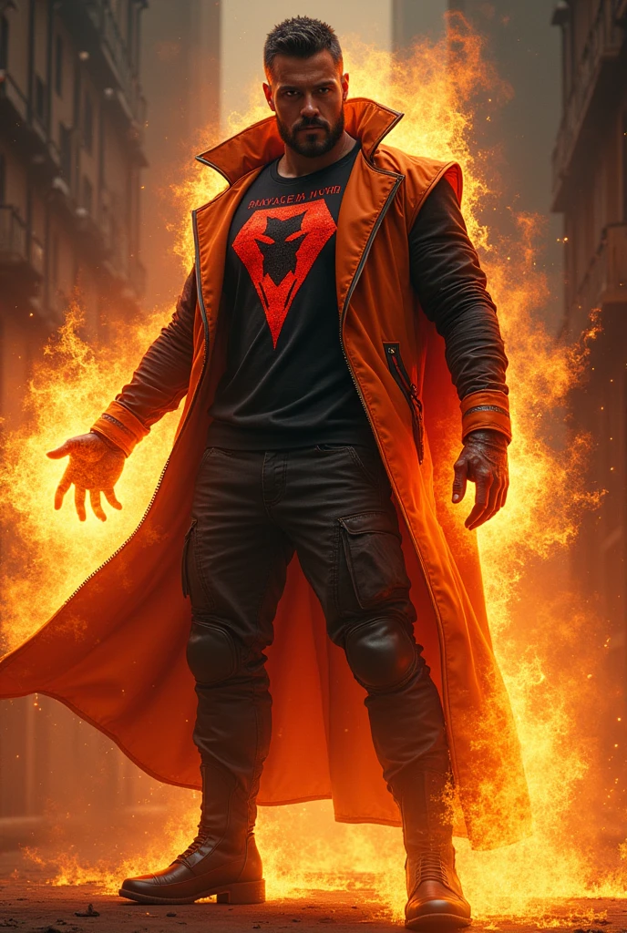 Gender: Man have power
Power: fire
Outfit:  black, orange and red cybordpuck with very clear and not hidden print "PAMAGAN".
realistic 
