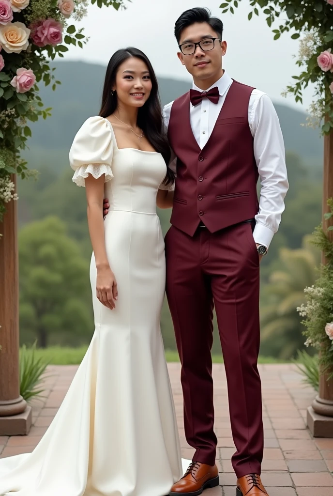 Create a bride's wedding dress. A plain, simple but elegant off-white puff sleeve, square neck mermaid micado dress for a female, 5'1ft, 46kg in weight and  27 waistline. Whole body, front. With the face of Joan Morante Cueto from De Joya Compound, Alangilan, Batangas City, Philippines in Facebook. 24years old Filipina.

Together with groom wearing a Burgundy Armani Suit with Burgundy vest, white long sleeve and burgundy bowtie with burgundy pants and brown shoes. The groom's height is 5'1ft and 80kgs, Large body size. 30years old Filipino with eyeglasses. With the face of John Ariel Papa from Alangilan, Batangas City, Philippines.