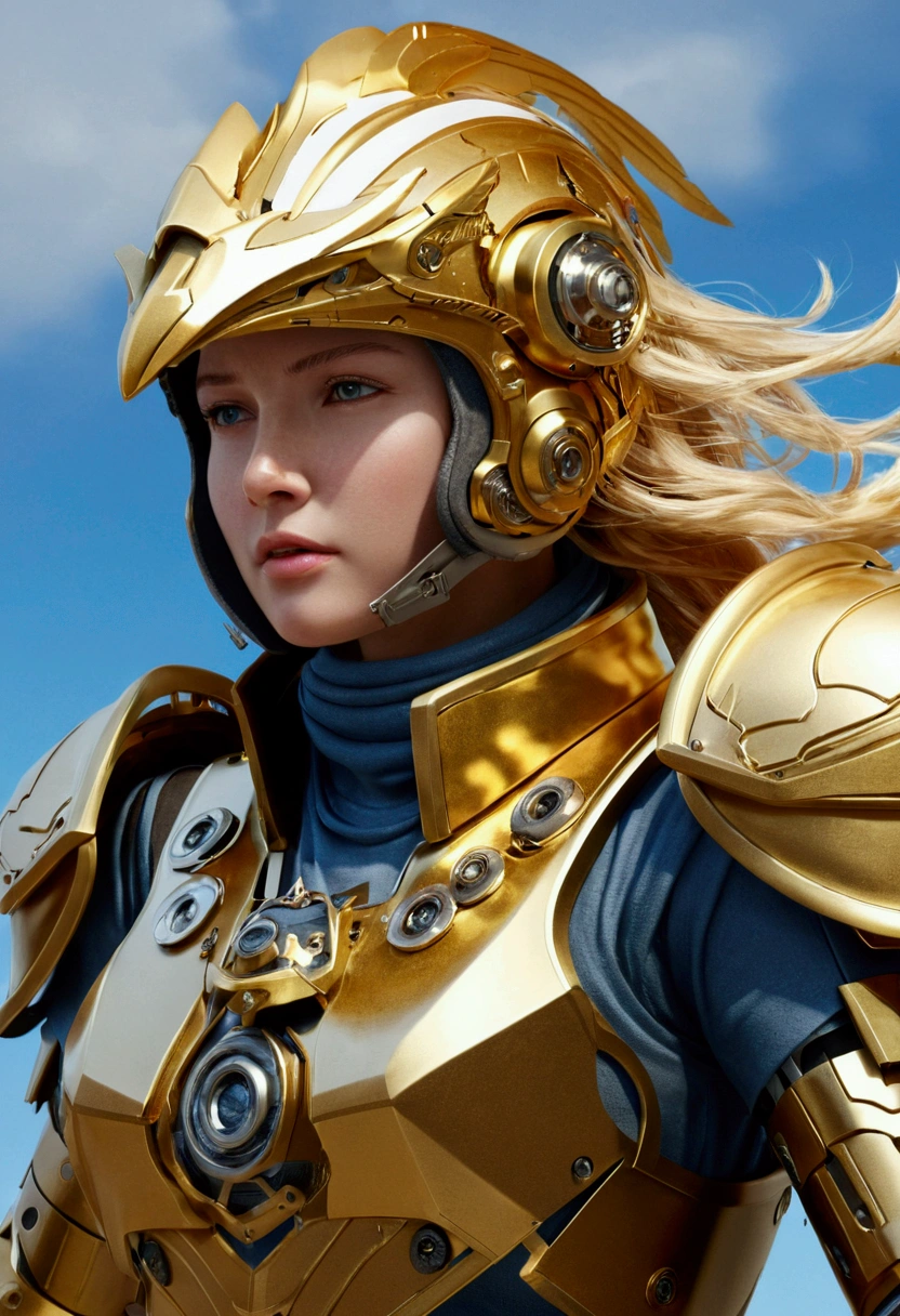 (((masterpiece))),16K,Highest quality, figure, Earth, water,fire,Wind,space,One person,Blonde,Beautiful mechs,Shiny Armor,Eagle Helmet,Beautiful Face,scarf,paper_cut,Browsing Caution、Realistic images、High-detail images、Realistic texture
