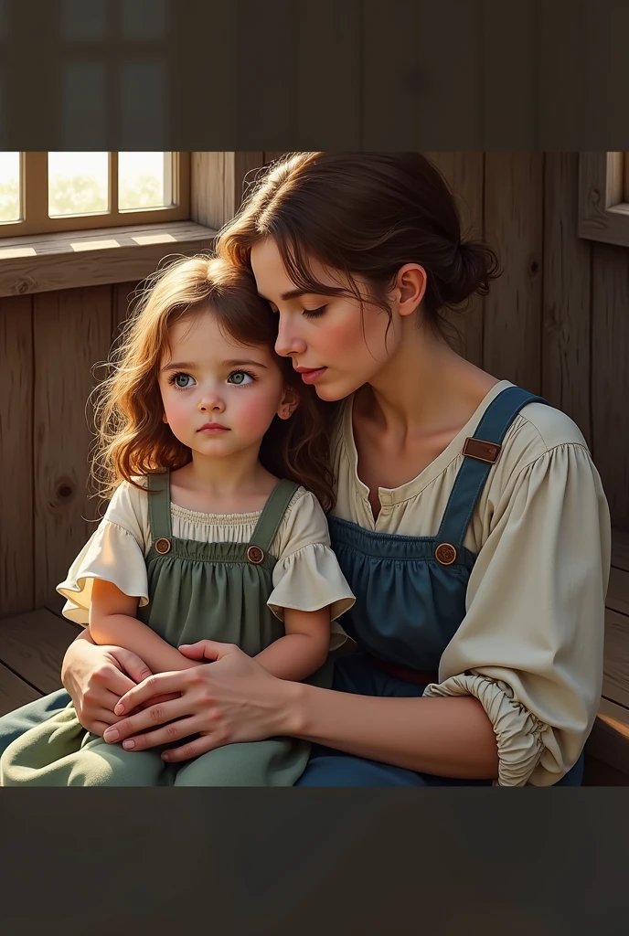  girl in peasant dress on the lap of her peasant mother