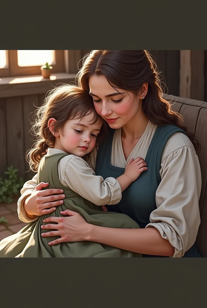 girl in peasant dress on the lap of her peasant mother