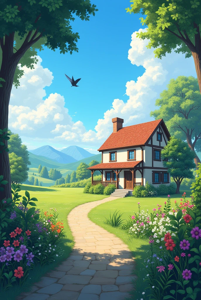 a country house at dawn, with a blue sky, the two-story house, with a path, A GARDEN