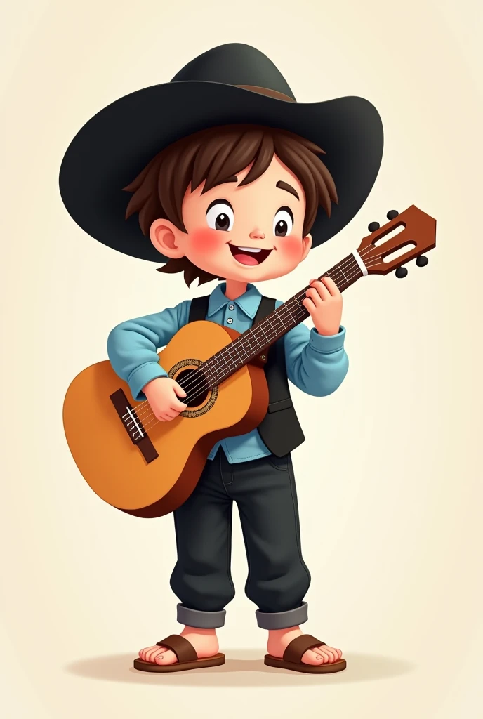 A cartoon of a , Dressed in black cloth pants and a light blue long-sleeved shirt tucked into the pants with buttons, black vest without buttons, sandals and a black Vallegrandino hat and a guitar standing and holding it only with his left hand 