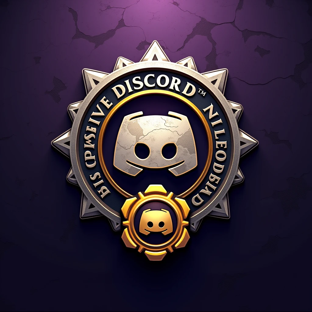 A e-sports, inspired “military_themed” logo for Discord.ink. The logo features a metal-cobre background with a camouflage logo in the center. The logo is a stylized BIG logotipo DISCORD with a GOLDEN medal.of honor around it. The medal.of honor is surrounded by a white border with a purple background. The logo is complex and elegant, with a modern feel that is perfect for Discord.ink's brand. ((More detail, enhanced, poakl))