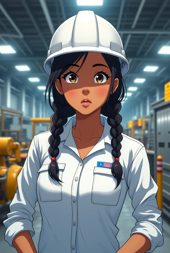 Woman dressed as a health and safety professional at work,dark skin tone,Brown eyes, braided hair, white helmet Performing a safety inspection Anime type 