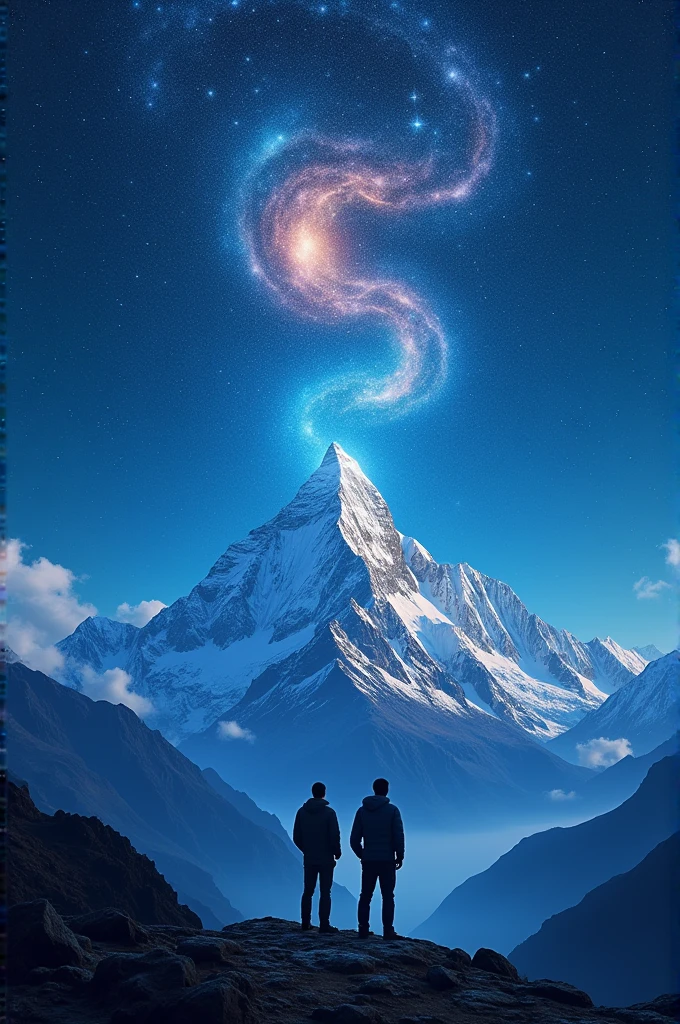 Mt Kanchenjunga and a galaxy above it in a night sky. Men see it form a large hill.