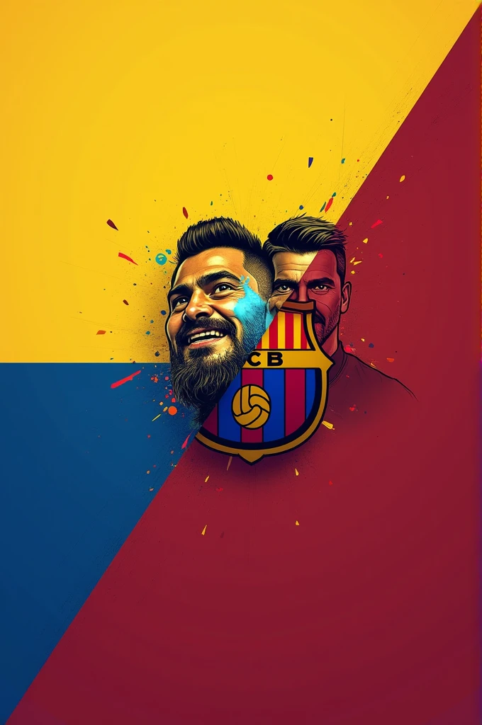 A design divided into two diagonal halves. The upper half has the colors of the Ecuadorian flag (yellow, blue and red) and the lower half with the traditional colours of FC Barcelona (blue and maroon).