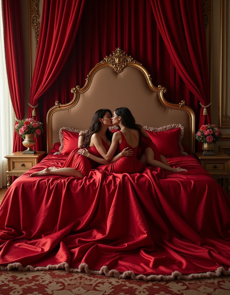 highest quality, masterpiece, highest resolution, artwork, super それにget used to it, many get used to it, get used to it, それにget used to it,love,romantic,four woman,two woman kissing each of their partners,((red satin elegant dresses)),red satin evening dresses, ((Gorgeous goddess rococo robe satin dress with voluminous full-length hoop skirt)),long sleeve,long dress,A dress with full silk fabric...,luxury,((Palace full red satin bedroom)),((huge satin bed)),Frilled silk red bedspread,many pillows on the bed,satin pillow with frills,four woman is kissing on the huge bed,luxurious ruffled red curtains