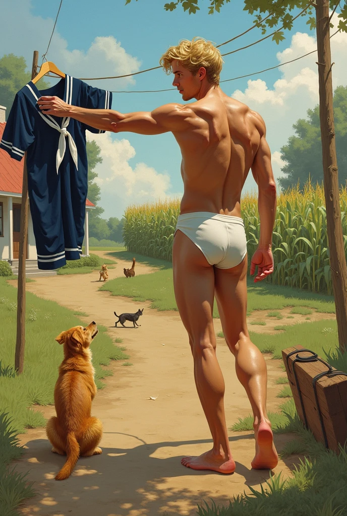 homoerotism+paul_chabas art style, young_man+clothesline+house+dog+cat, a young blond man with a slender muscular body, naked, showing his perfect ass barefoot naked, view from behind, hangs his sailor uniform on the clothesline to dry, in the background a country house, small corn fields, sunny day in Texas, the face of the young happy entusiaic for traveling around the world
