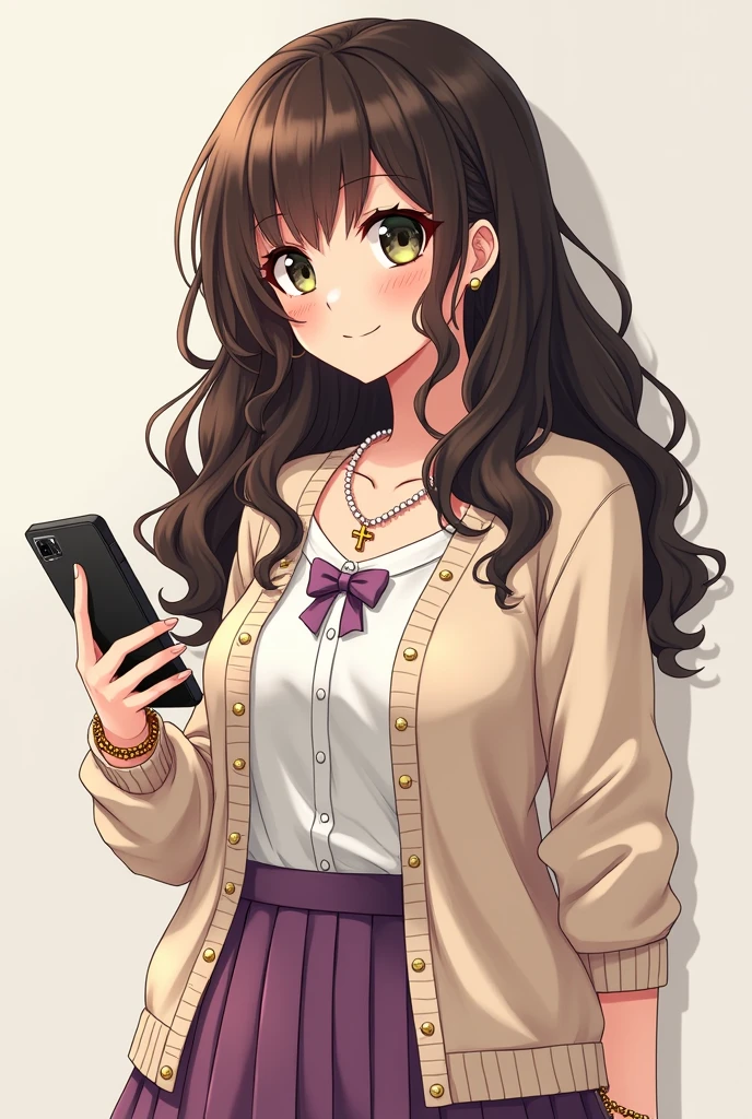 Une lycéenne de manga habillée d'un gilet de laine claire à manches courtes par-dessus une chemise blanche, accessoirisée d'un petit noeud violet, ainsi que d'une jupe violette. Elle a les cheveux brun foncē, très longs, bouclés et épais, elle a la raie au milieu du crâne et pas de frange. Ses yeux sont marron-vert. Elle porte une croix chrétienne au cou, un montre doré très fine, un bracelet de perle, a une poitrine un peu forte, des hanches un peu imposantes, elle se tient droit avec son téléphone dans la main. Elle ne sourit pas, a l'air rêveur.
