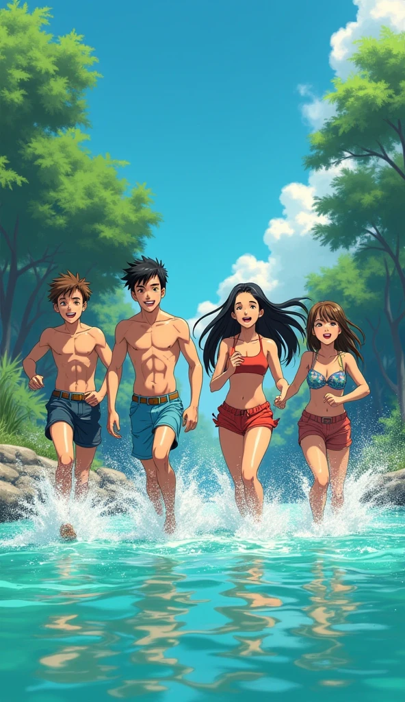 anime episode still shot of four teenage 2 boys and 2 girls playing in the river by laughing happily and running, they are having fun, wearing summer outfit, in the style of shonen anime, rough-edged 2d animation, vibrant color, lit ??? --niji 5 --ar 3:2...Hawaii, gta vice style , illustration , reteo comic illustration moody, melancholic, vibrant color, detailed, akira --ar 16-9 --niji 6
