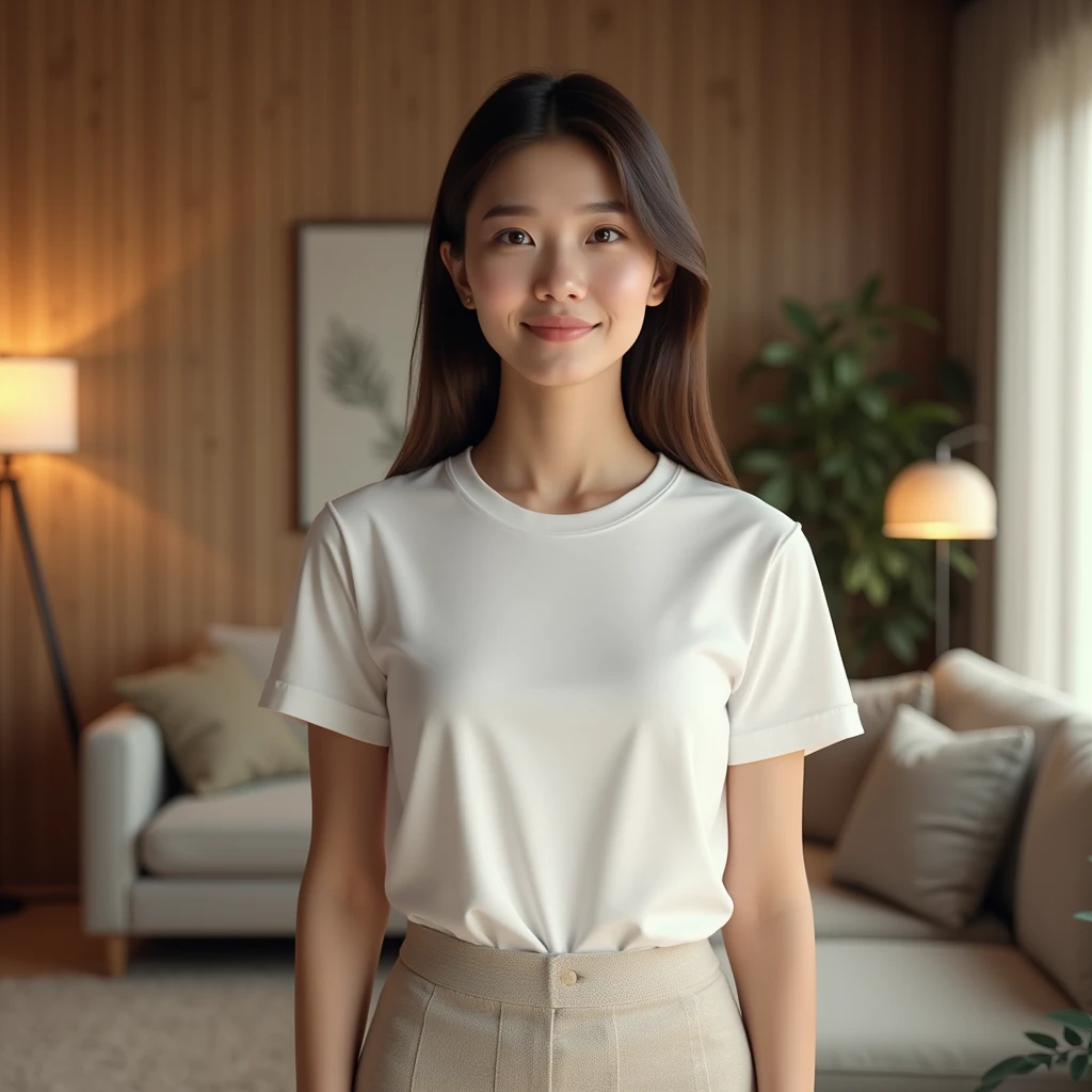 A high-resolution, smiling, front-facing image of an East European woman, wearing a plain white t-shirt and skirt. The woman is smiling, standing straight with a relaxed posture and a neutral expression. The scene is set against a [cozy, modern living room with wooden accents] background with [warm, ambient lighting]. The t-shirt is smooth, with minimal folds, ideal for overlaying designs. The image captures the entire body from head to toe, with realistic lighting and detailed textures., photorealistic, first-person view, masterpiece, anatomically correct