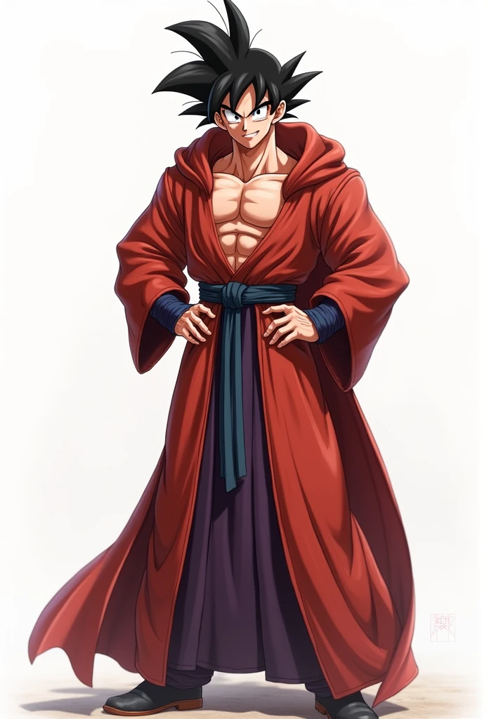 (Realistic,Realistic:1.37),Ultra-detailed,Detailed illustration of Goku(be familiar with,Emotional,Expressive,Features),Jedi Robe, Hooded Robe, Red Robe, Front opening robe, フードをsuffer, suffer, Hands on hips, smile, smiling, (Goku's additional tags: Spiky Hair, Muscular, ), Simple Background, White background