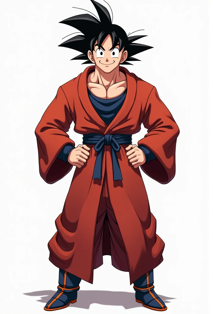 (Realistic,Realistic:1.37),Ultra-detailed,Detailed illustration of Goku(be familiar with,Emotional,Expressive,Features),Jedi Robe, Hooded Robe, Red Robe, Front opening robe, フードをsuffer, suffer, Hands on hips, smile, smiling, (Goku's additional tags: Spiky Hair, Muscular, ), Simple Background, White background