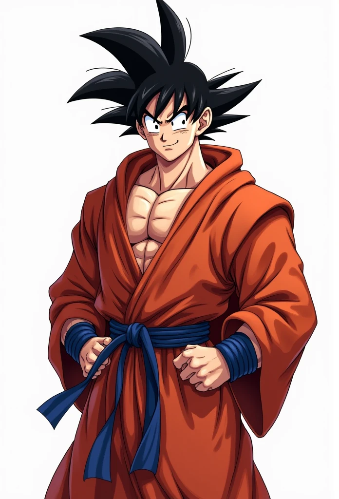 (Realistic,Realistic:1.37),Ultra-detailed,Detailed illustration of Goku(be familiar with,Emotional,Expressive,Features),Jedi Robe, Hooded Robe, Red Robe, Front opening robe, フードをsuffer, suffer, Hands on hips, smile, smiling, (Goku's additional tags: Spiky Hair, Muscular, ), Simple Background, White background