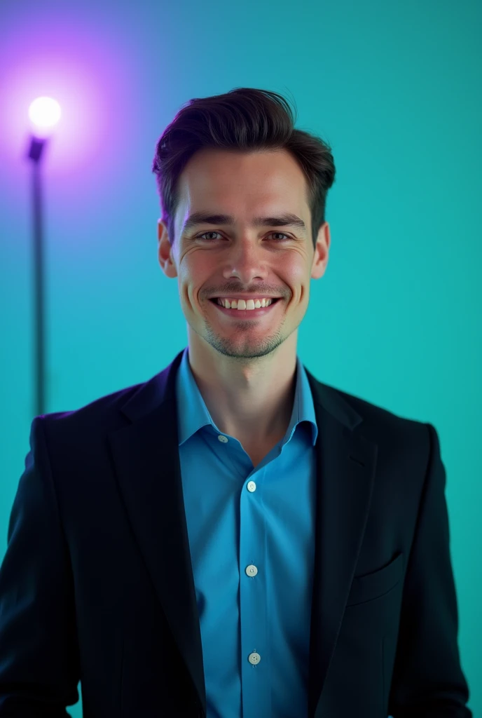 A young man with small dark hair straight and a sume smile. He is dressed in a black blazer over a blu shirt.The man is positioned Against Aqua colour backdrop with a subtle purple lighting on the left side. And he posting for LinkedIn profile