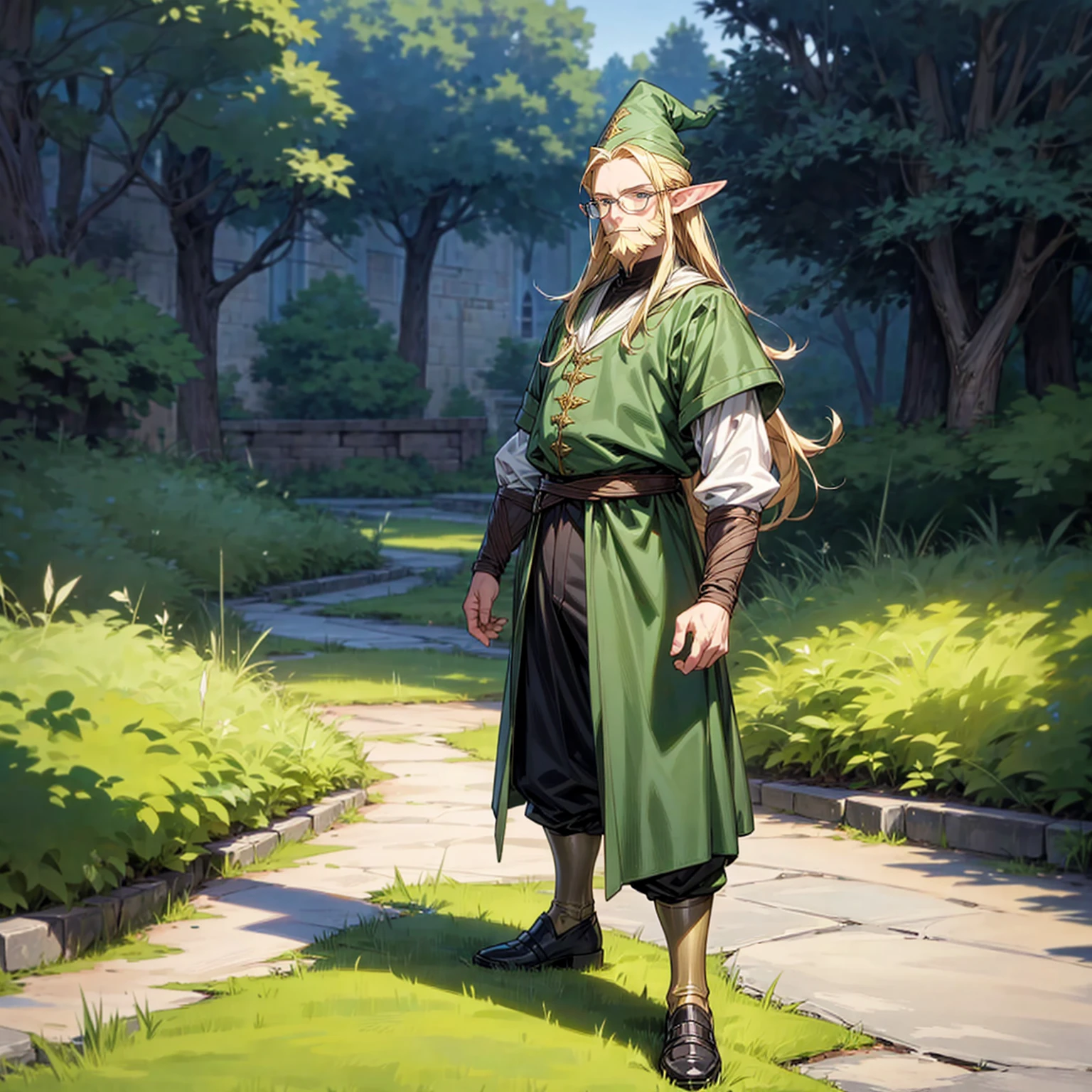 Solo character, full body version, middle aged man, (elf), green eyes, blonde color hair, long hair, formal clothing, long pants, shoes, outdoor, town, medieval, standing gesture, detailed background, detailed clothing, detailed hair, (Hunter x Hunter style art), happy, glasses, witch hat, big muscle, beard