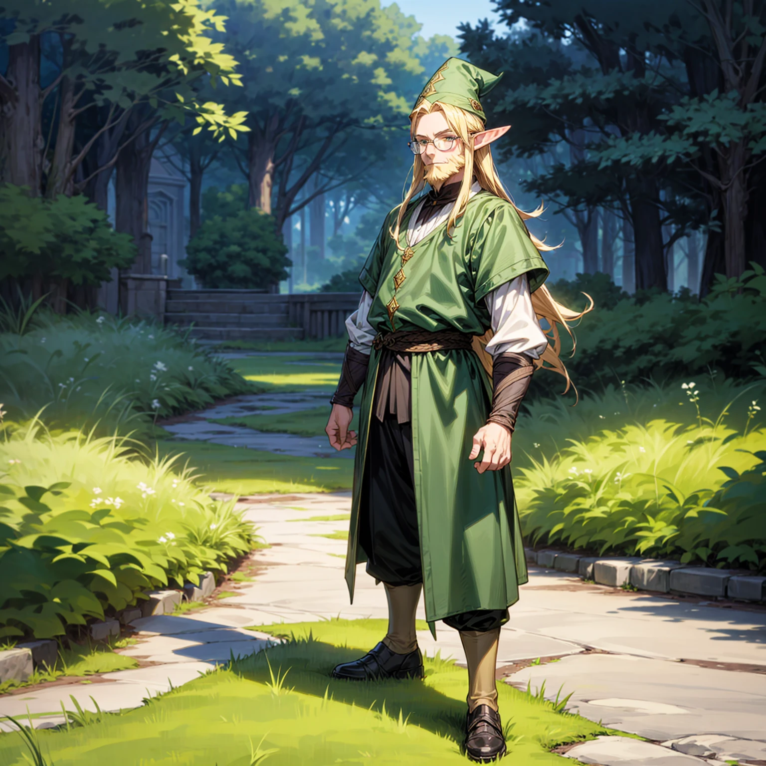 Solo character, full body version, middle aged man, (elf), green eyes, blonde color hair, long hair, formal clothing, long pants, shoes, outdoor, town, medieval, standing gesture, detailed background, detailed clothing, detailed hair, (Hunter x Hunter style art), happy, glasses, witch hat, big muscle, beard