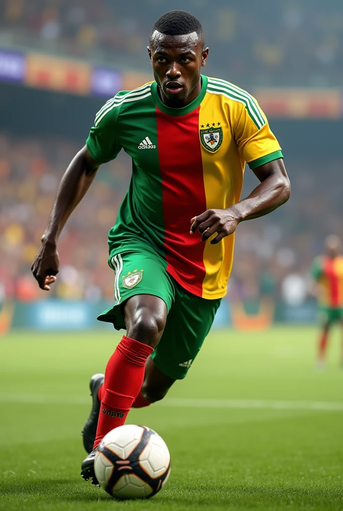 Football shirt with a new design that does not exist, using only yellow colors, green and red