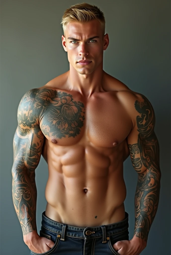 Create a completely naked man,without any clothes,he has to have strong arms and tattoos and blond hair and green eyes, I want the image up to his leg