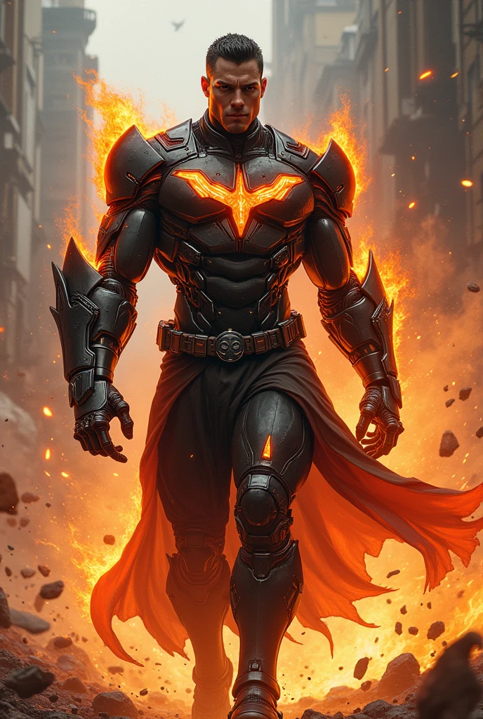 Generate the hero of MLBB name valir
Gender: Man have power
Power: fire
Outfit: black, orange and red cybordb body with very clear and not hidden print "PAMAGAN".
realistic