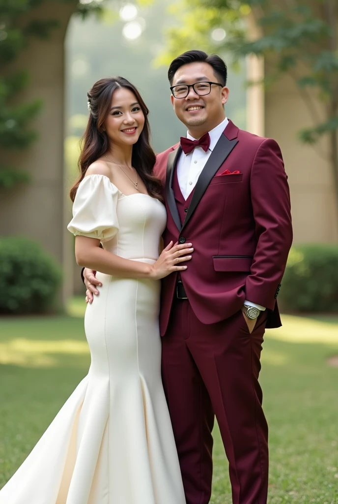 Create a bride's wedding dress. A plain, simple but elegant off-white puff sleeve, square neck mermaid micado dress for a female, 5'1ft, 46kg in weight and  27 waistline. Whole body, front. With the face of Joan Morante Cueto from De Joya Compound, Alangilan, Batangas City, Philippines in Facebook. 24years old Filipina.

Together with a chubby groom wearing a Burgundy Armani Suit with Burgundy vest, white long sleeve and burgundy bowtie with burgundy pants and brown shoes. The groom's height is 5'1ft and 80kgs. 30years old Filipino with eyeglasses. With the face of John Ariel Papa from Alangilan, Batangas City, Philippines.