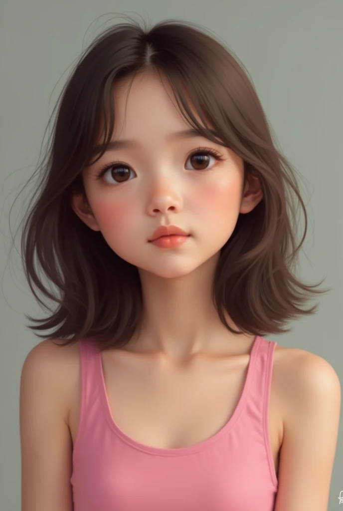 generate an  girl, pure blooded filipino, wearing pink tank top with dark brown eyes, has round eyes, greek nose, light cool brown medium hair, downward-turned lips, oval shape face, curved eyebrows and fair skin