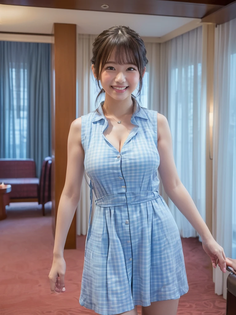 (Highest quality:1.5)、(masterpiece:1.5)、(8k:1.5)、(Big Breasts:1.35)、(Light blue checked sleeveless dress:1.5)、(Slender:1.2)、(Blushing:1.5)、(Feeling embarrassed:1.5)、(smile:1.5)、(The background is the hotel:1.7)、whole body、Hotel Bed、(Erect nipples:1.3)、(Thin and beautiful legs:1.3)