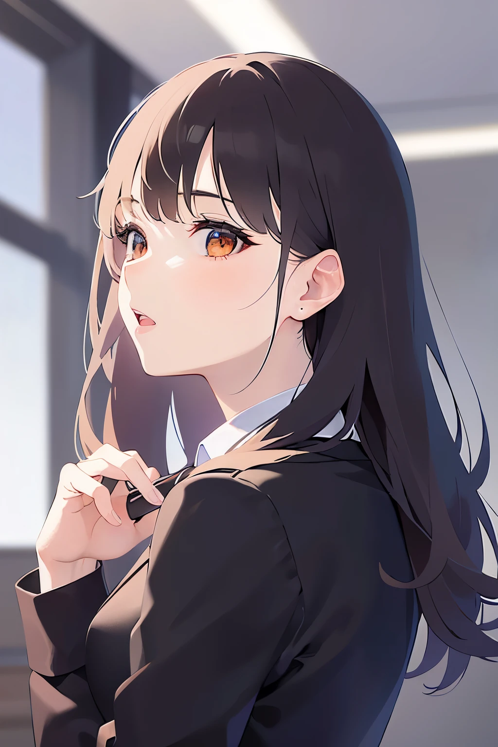 (looking back:1.5)Upper Body, look back、profile、
Realistic, real person, (pale skin: 1.2), RAW photo, photorealistic, shiny skin, shiny hair、(A 2 woman with medium-length hair and bangs) and (wavy hair) and (brown hair) and (orange eyes) ,
(Wearing a black suit:1.5) and (Wearing a white collared shirt),open mouth,The background is the conference room、(alone:1.5)