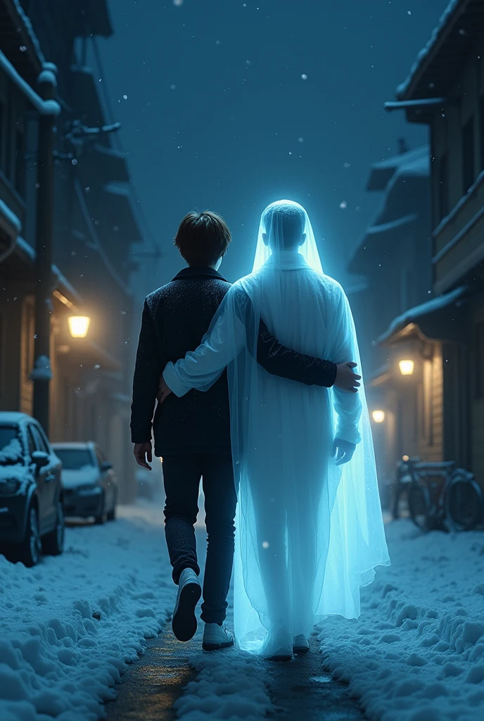 A boy walking backwards through the streets of Korea in the snow and at night and the ghost is transparent and it&#39;s a boy, his boyfriend hugs him, he&#39;s next to him, he&#39;s a brown-haired boy with a mullet cut that shows that the ghost is a man, the silhouette of a man, that is, they&#39;re both men. 