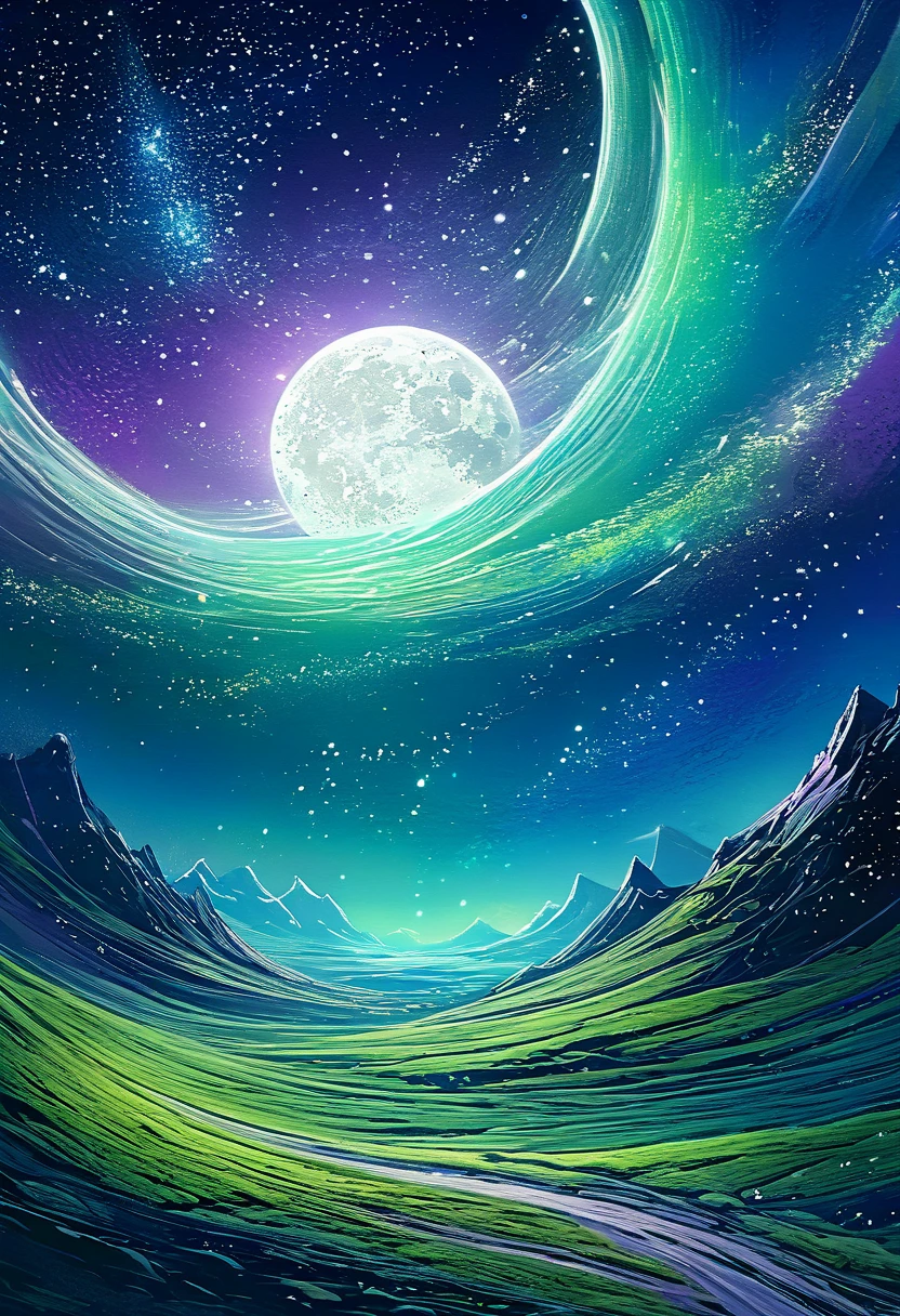 The moon is surrounded by many, Many shining stars. The starry sky twinkles，Brighter light trails. Surreal scene. Beautiful charming composition. Subtle shadows and highlights. Navy blue, Light blue and green, and purple tones. More color levels. Unpredictable vibrant tones dynamic high-detail HD movie close-up magical fantasy beautiful digital art