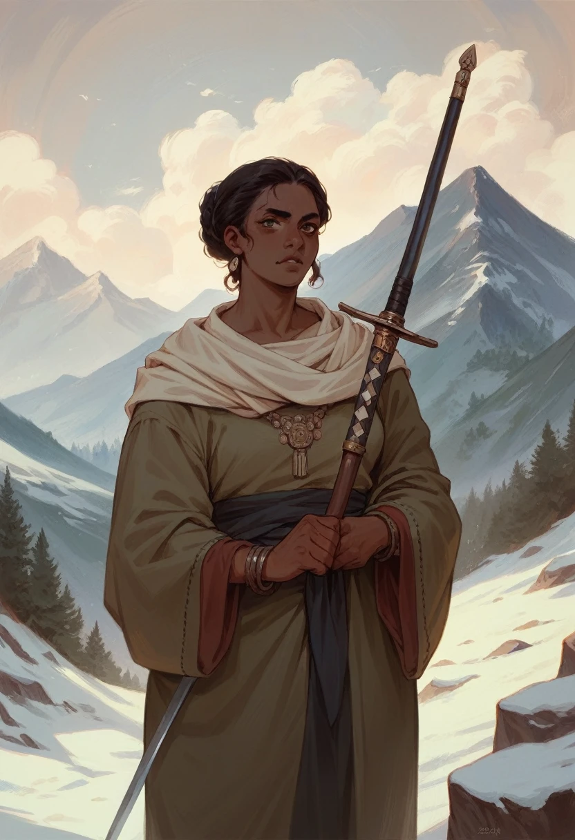 Pull out the sword of the snow mountain, Ancient style woman's cold ice flame sword, Holding a sword with blue flames, White clothes, sword dancing in the snow, long flowing hair, Beautiful woman holding a silver sword, Wear jade jewelry, She has a confident smile on her face, She floats in the clouds like a fairy, Behind her are layers of mountains