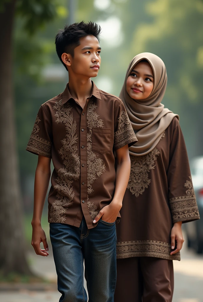 (photorealism ,19 year old Indonesian man with small and thin body (short) haircut (short slicked back) wearing brown batik and jeans ,black shoes ,with a 1 woman wearing a brown hijab with the same batik