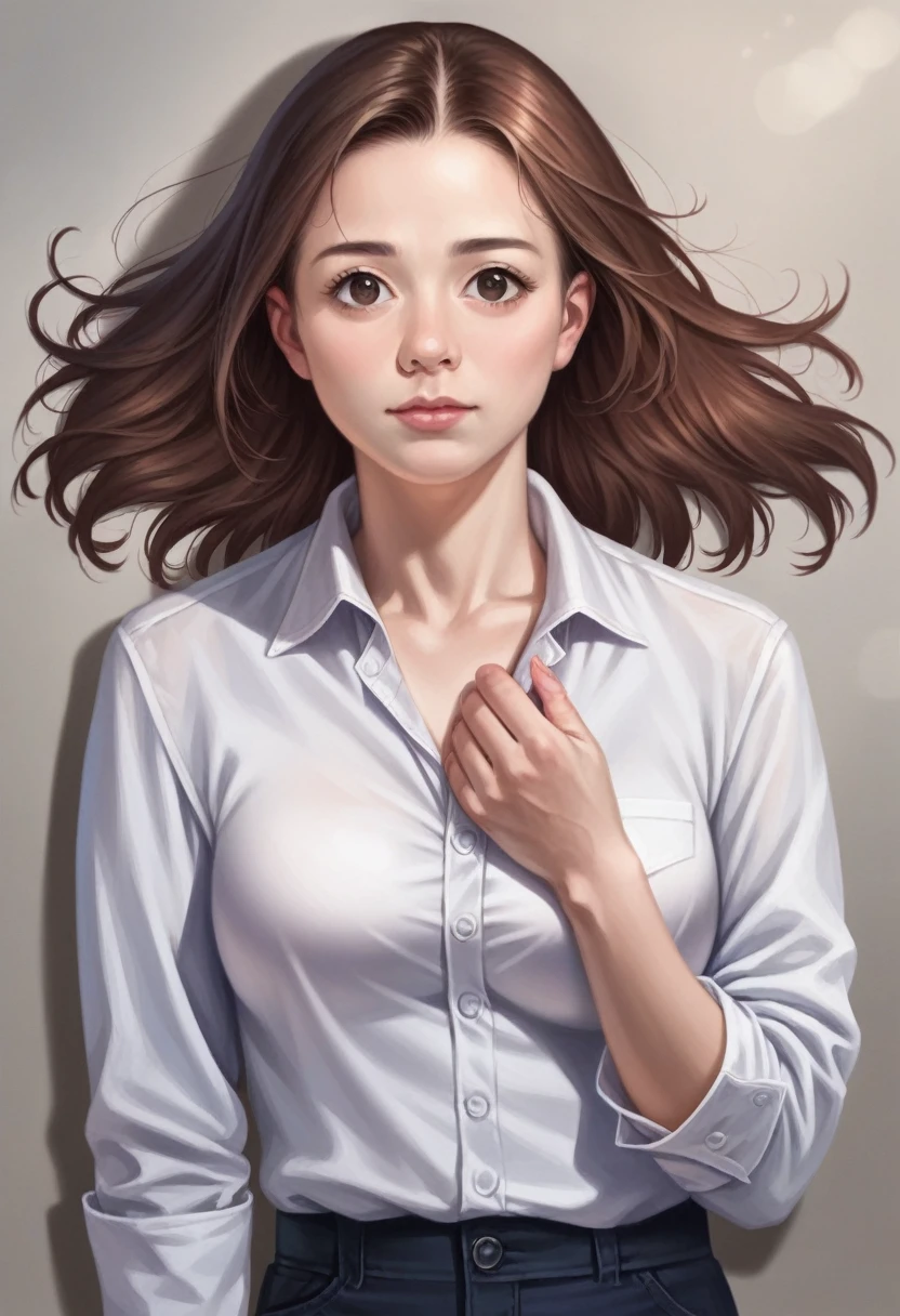 (Raw photo, Best Quality), (Realistic, Photorealsitic:1.3), masutepiece, Extremely delicate and beautiful, Soft light, (Brown hair, Shoulder-length straight hair swaying in the wind), Beautiful detailed girl, (Detailed fingers), extremely detailed eye and face, beautiful detailed nose, Beautiful detailed eyes, 1 girl, Japanese, Neat and clean beauty, Cute, young, dress shirts, Pants, (Half body:1.3), (medium breasts), Realistic face, Realistic body,