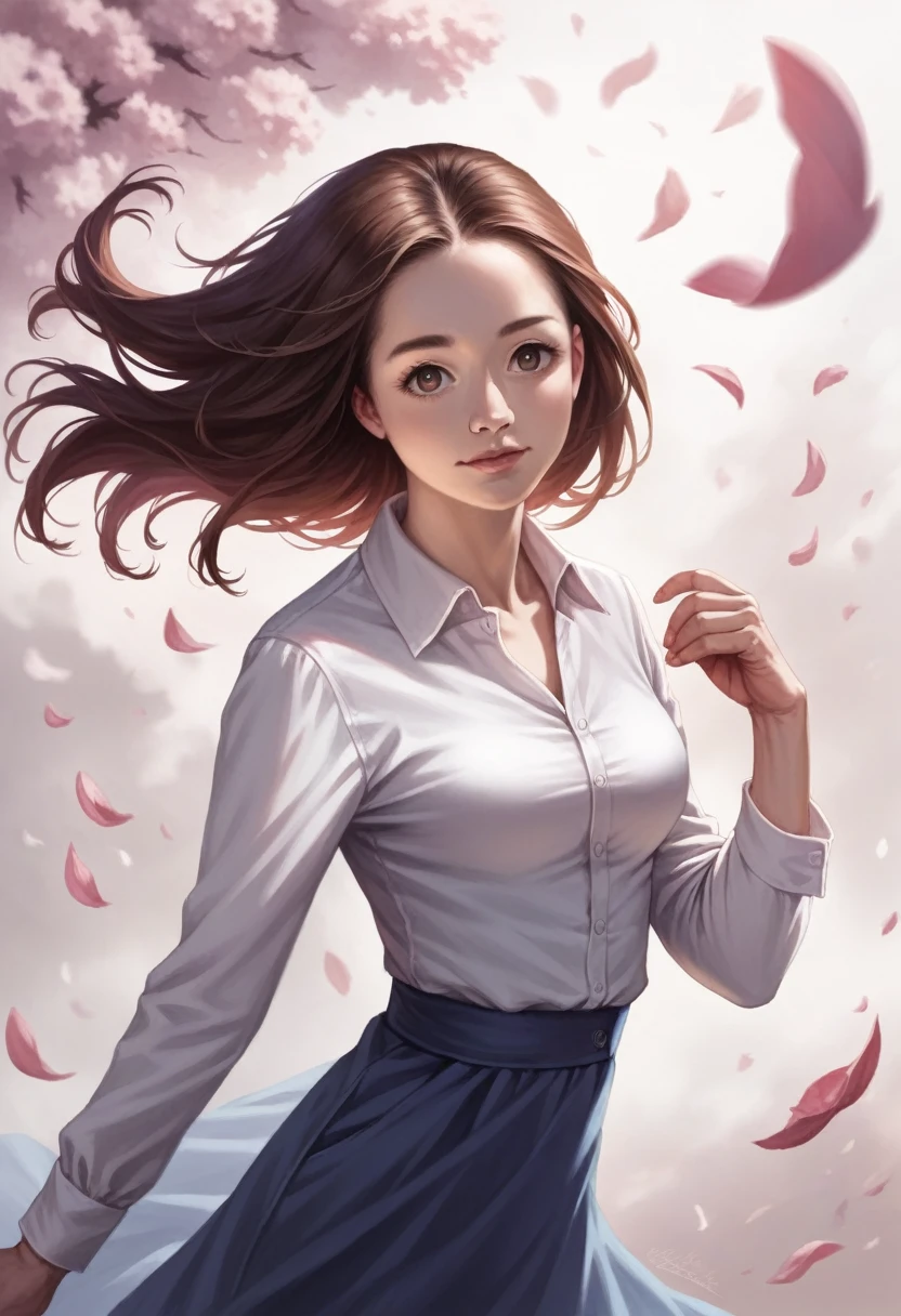(Raw photo, Best Quality), (Realistic, Photorealsitic:1.3), masutepiece, Extremely delicate and beautiful, Soft light, (Brown hair, Shoulder-length straight hair swaying in the wind), Beautiful detailed girl, (Detailed fingers), extremely detailed eye and face, beautiful detailed nose, Beautiful detailed eyes, 1 girl, Japanese, Neat and clean beauty, Cute, young, dress shirts, Pants, (Half body:1.3), (medium breasts), Realistic face, Realistic body,