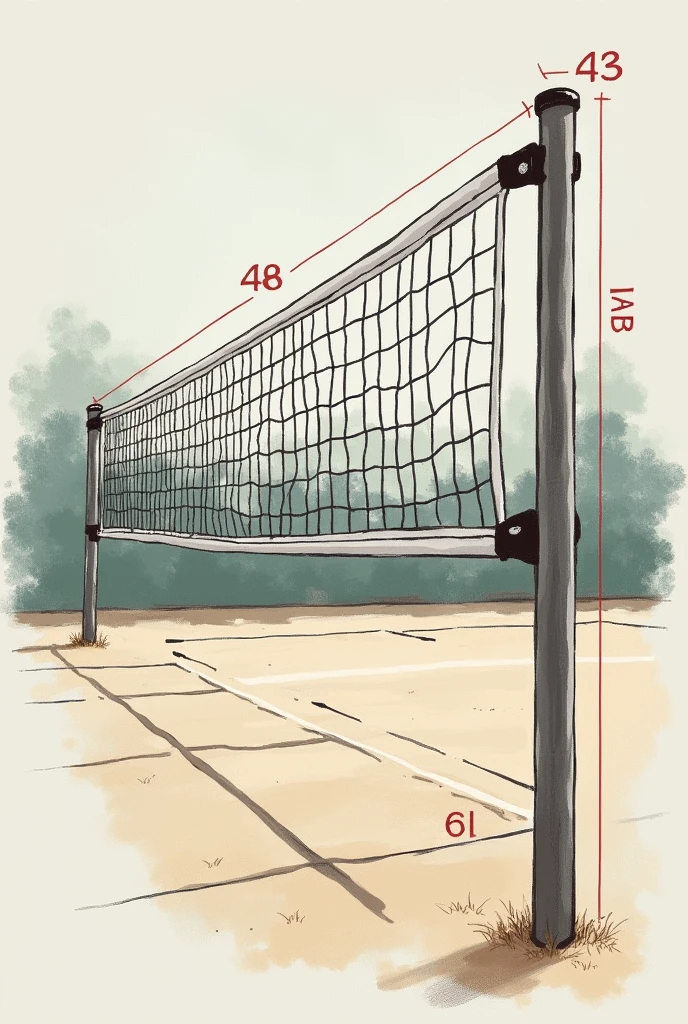 Volleyball net drawn with its respective measurements and painted