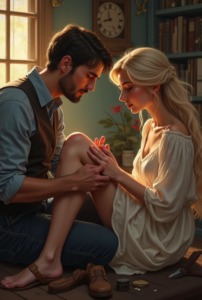 A man fixing the shoes of the blonde woman of his dreams