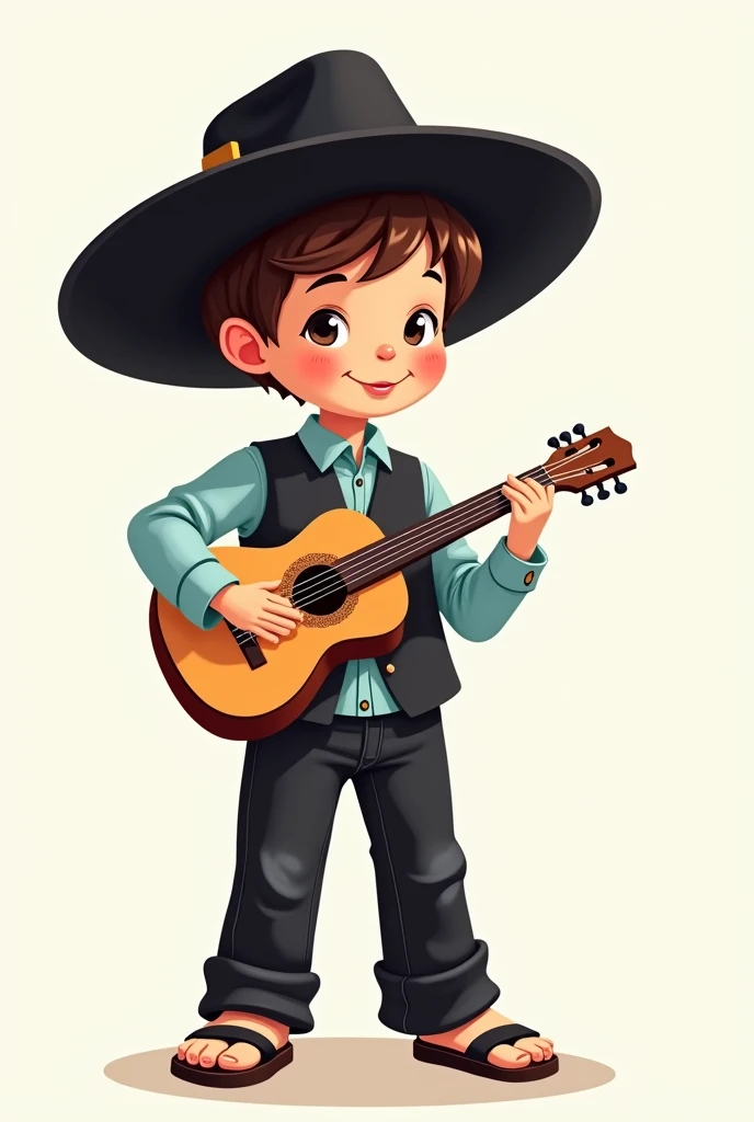 A cartoon of a child, Dressed in black cloth pants and a light blue long-sleeved shirt tucked into the pants with buttons, black vest without buttons, sandals and a black Vallegrandino hat and a guitar held in one hand 