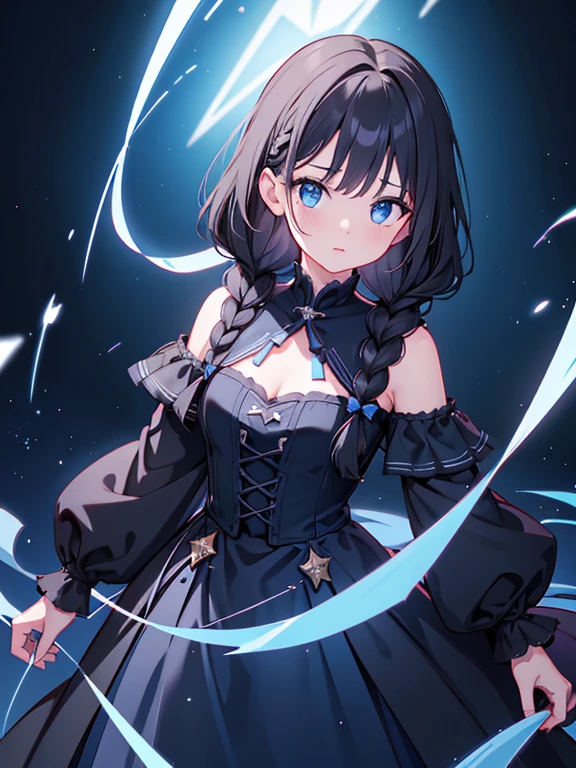 Highest quality、Ultra-high resolution、Highly detailed face、Eye highlights、Girl with black braided hair、Standing in a blue dress、The background is black space、A shining star above the girl&#39;s head、Ripples are spreading beneath the girl&#39;s feet、Wide Shot