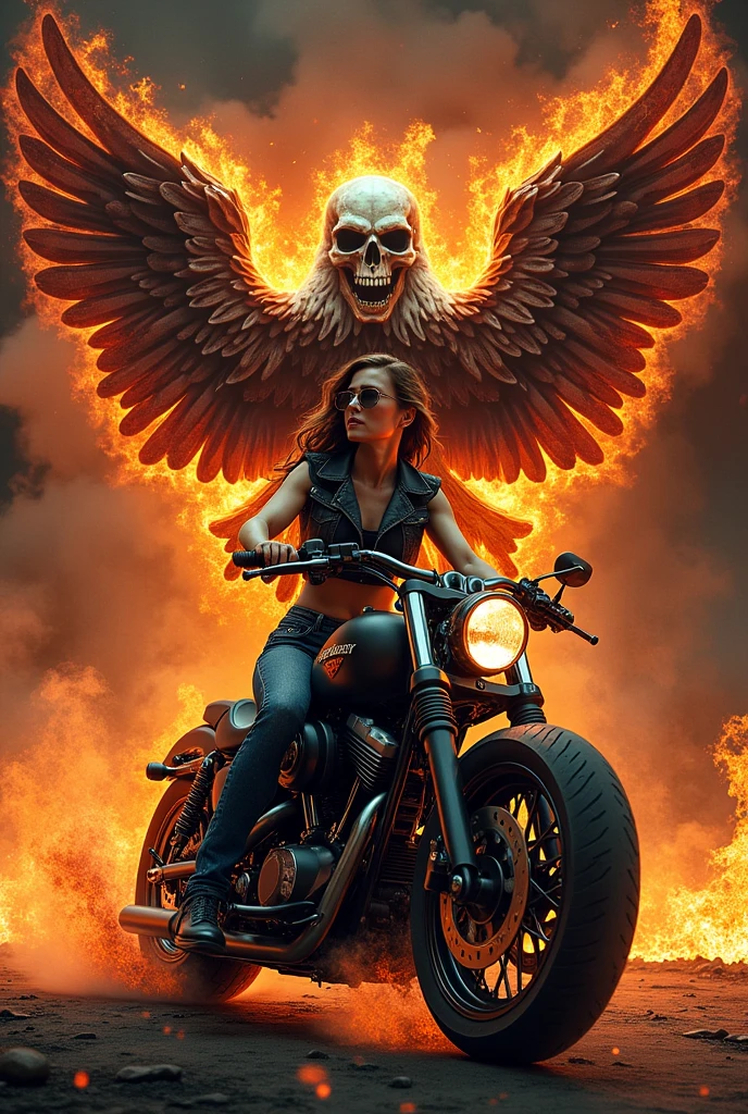 Logo with smoke, a skull while riding a motorcycle with a sexy woman next to it, has a bottle of drinks and it says IRON HORSE on the engine, has wings and fire with old school details.