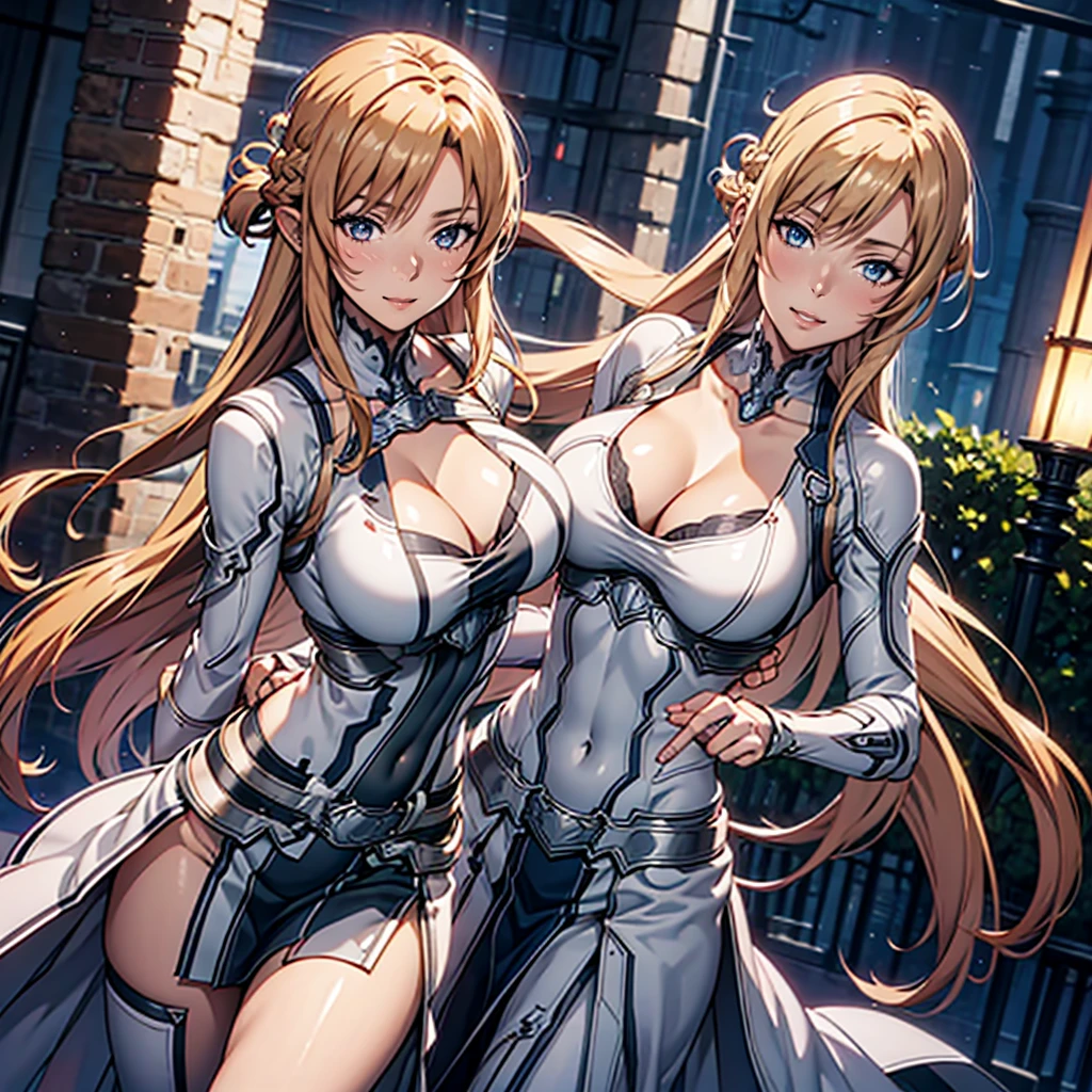 エレガントなMature Woman, beautiful, Two people, Two ,Long Hair,Mature Woman,compensate,eyelash,blush, lipstick, masterpiece, Highest quality, Very detailed, Fantasy , a Anime in armored dress holding a sword
posing for a picture, evil smile, smile, Open your mouth, breastplate with open Cleavage, Cleavage, warrior outfit, Naughty anime style, Anime, Naughty style, (Browsing Caution) Not safe at work, Naughty, Digital anime art!!, Anime Style, Official artwork, Visual Novel CG, beautiful anime girl, Anime Style 4k , Loincloth, Exposed abdomen, Exposed navel, Exposed abdomen, Exposed underbelly, Pencil Skirt Armor, city,inside city