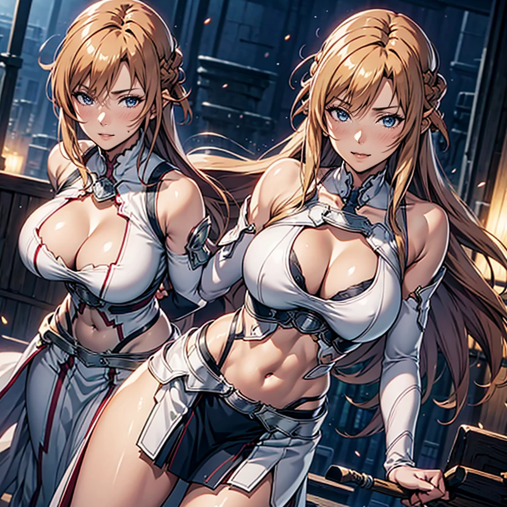 エレガントなMature Woman, beautiful, Two people, Two ,Long Hair,Mature Woman,compensate,eyelash,blush, lipstick, masterpiece, Highest quality, Very detailed, Fantasy , a Anime in armored dress holding a sword
posing for a picture, evil smile, smile, Open your mouth, breastplate with open Cleavage, Cleavage, warrior outfit, Naughty anime style, Anime, Naughty style, (Browsing Caution) Not safe at work, Naughty, Digital anime art!!, Anime Style, Official artwork, Visual Novel CG, beautiful anime girl, Anime Style 4k , Loincloth, Exposed abdomen, Exposed navel, Exposed abdomen, Exposed underbelly, Pencil Skirt Armor, city,inside city