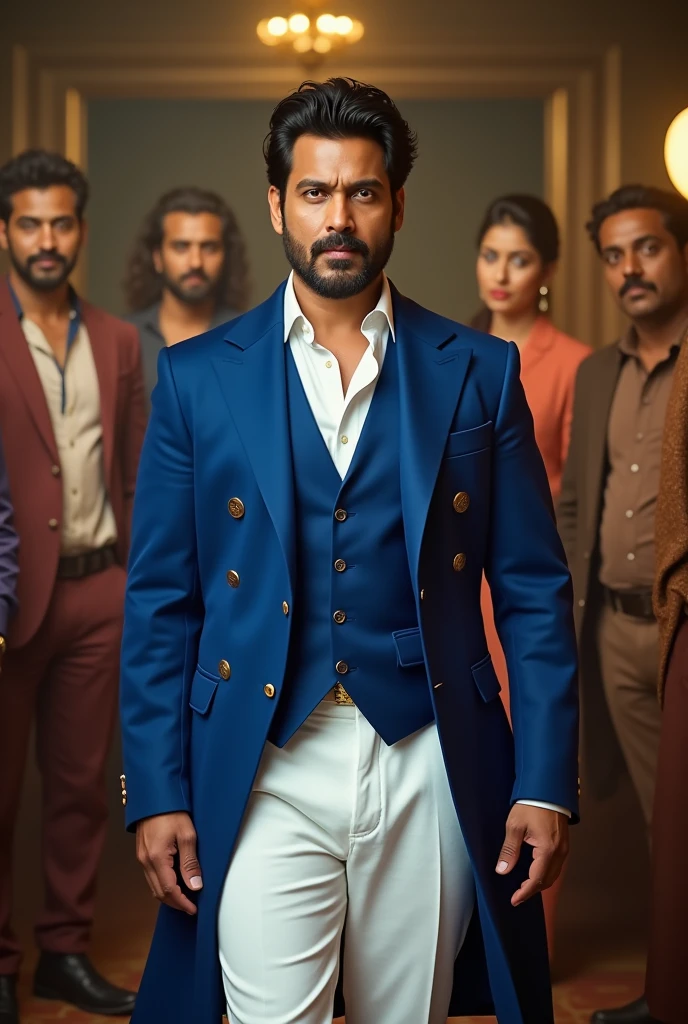 Actor Prabhas new raja sahab look as a very rich man in world blue colour jocket and white pans is formal and beside the all Tollywood actor in background
